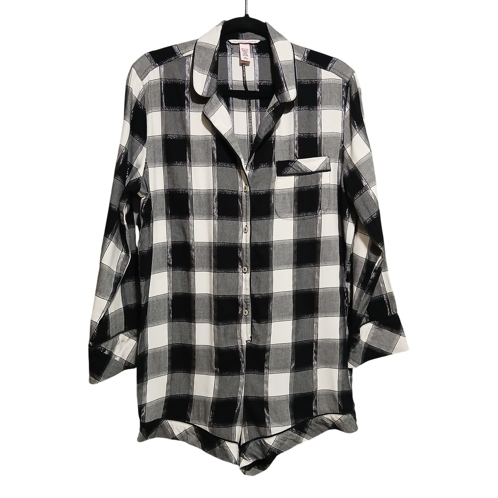 Victoria's Secret Plaid Romper Pajama Black White Silver Long Sleeve M